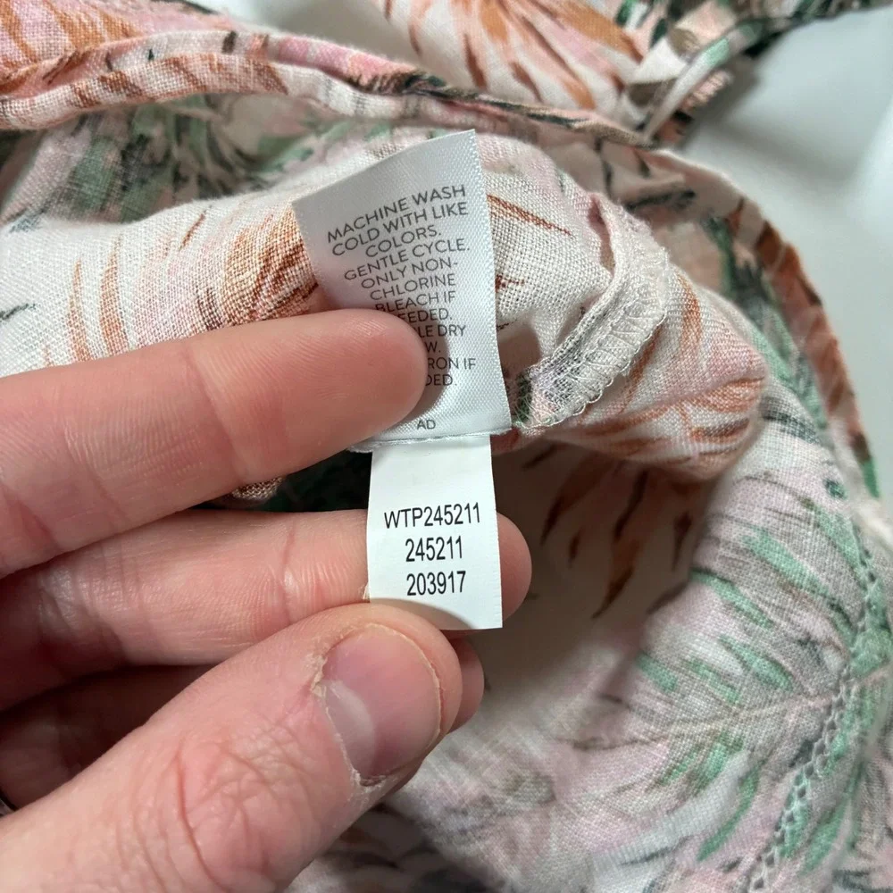 J. Jill Love Linen Blouse Women XL Pink Green Tropical Palm Leaf V-Neck - Picture 5 of 9